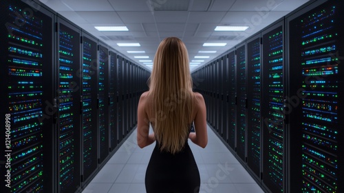 A content female e-business entrepreneur uses her tablet computer with a pleasant smile, whereas an Information Technology Engineer and System Administrator operate within a substantial cloud