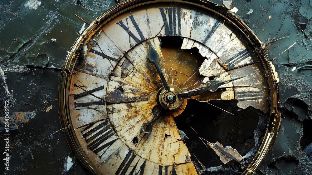 Shattered antique clock face, time stopped. Shattered antique clock face, time stopped.