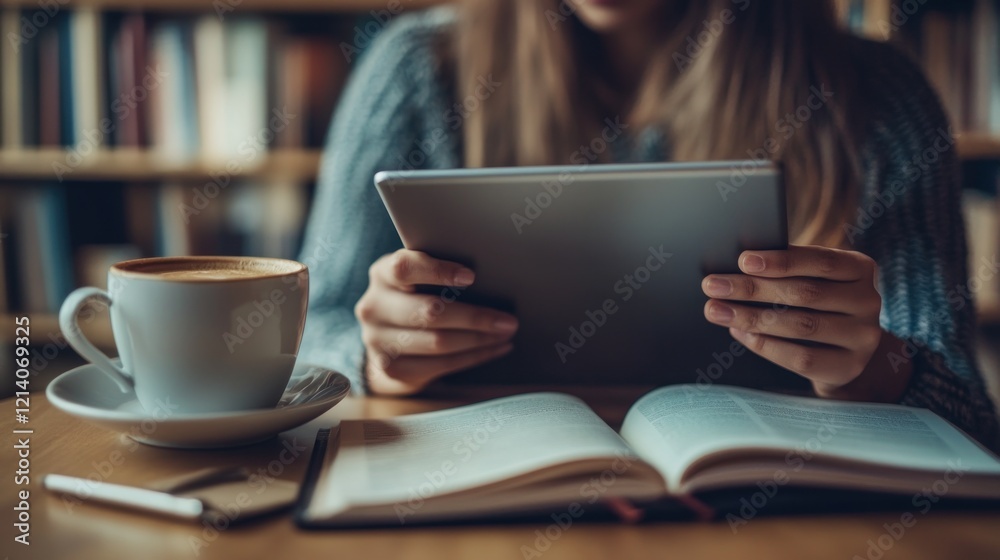 Woman using tablet, coffee shop, library background, studying Woman using tablet, coffee shop, library background, studying