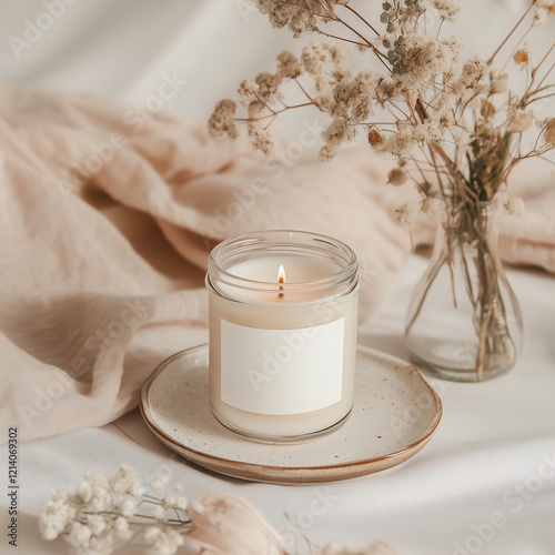 Clear glass jar candle mockup, scented candle jar with blank white label, styled interior candle design template