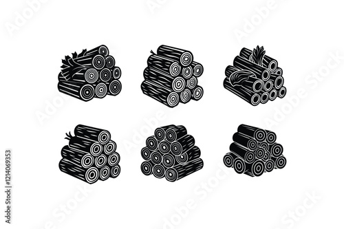 "Set of Wood Log Stack Silhouette Vector Illustration"