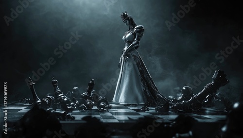 A white queen chess piece standing on the chessboard, surrounded by fallen black pawns and pieces.
