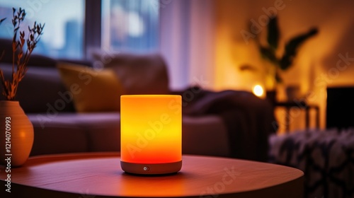 Smart lamp glows on table, cozy living room