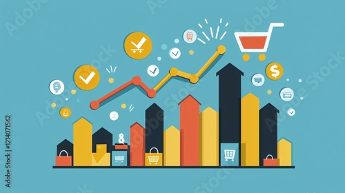 A digital sales dashboard showing a rising graph, with a shopping cart icon and shopping-related products, suggesting e-commerce expansion