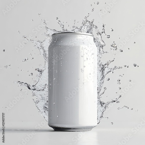 Blank white aluminum soda can mockup with water drops splash, isolated on transparent background, 3D rendering, fizzy pop canned drink mockup
