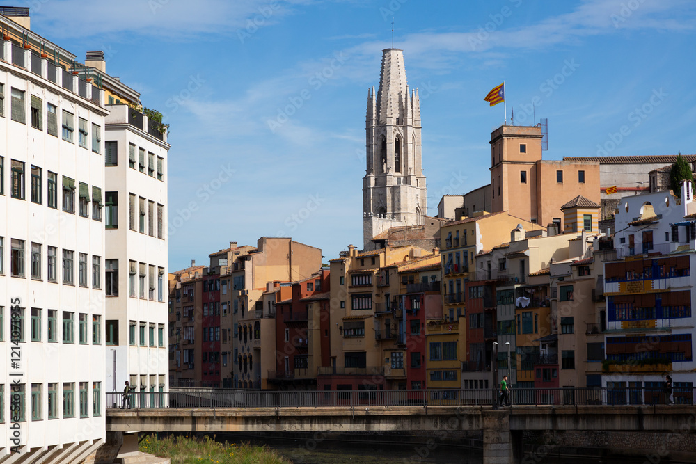 Girona cathedral rising majestically over lush green trees in catalonia