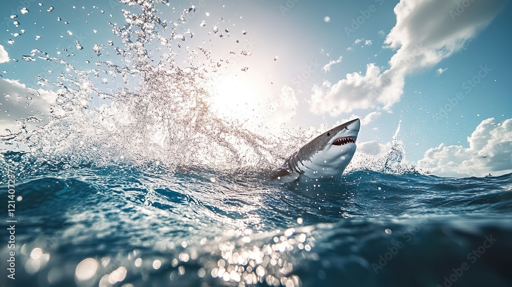 Fototapeta premium Dynamic great white shark breaching the ocean surface, captured in a vibrant, splashy style with bright sunlight and a sense of speed and power. 