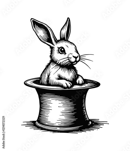 rabbit on magic top hat engraving black and white outline
