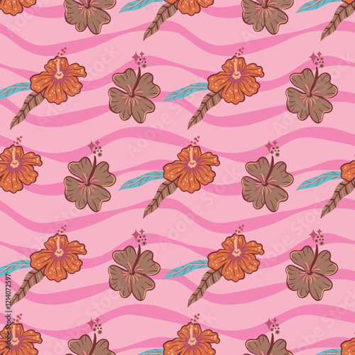 Mocha mousse hibiscus flowers on wavy pink stripes, seamless pattern design