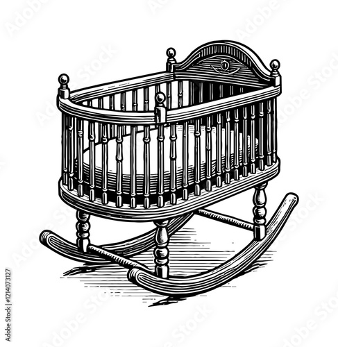 baby cradle engraving black and white outline