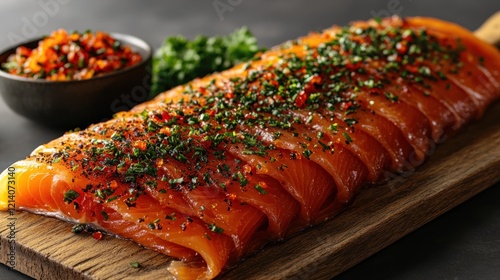 Smoked salmon slices, herbs, dark background, appetizer photo