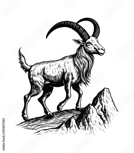ibex mountain goat engraving black and white outline