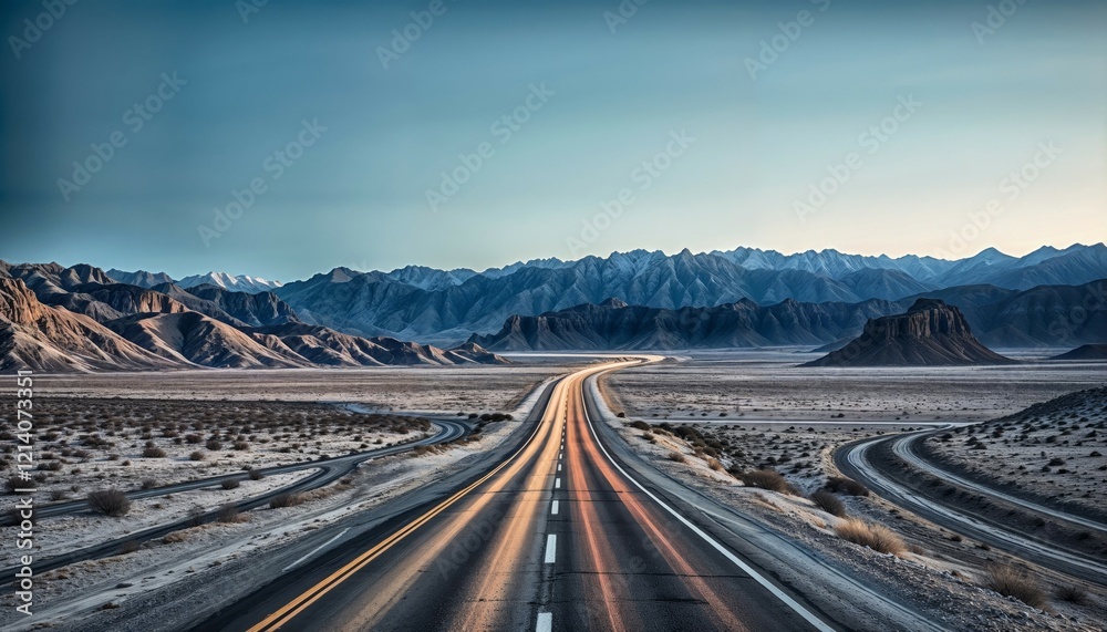Fototapeta premium highway leading to distant mountains under a clear blue sky, symbolizing adventure, freedom, and limitless possibilities