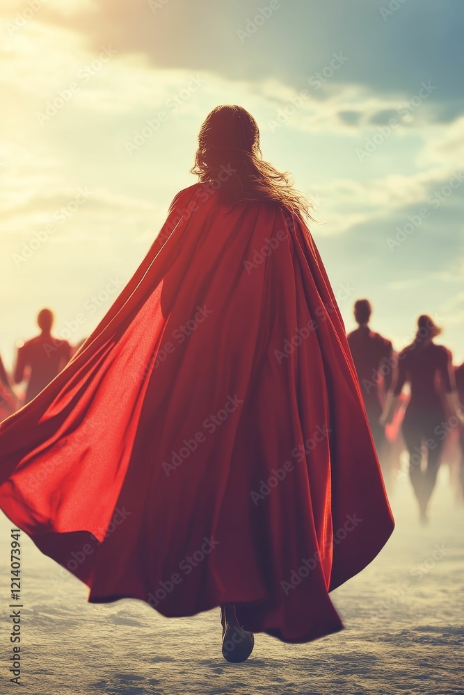 Red-caped figure leads blurred crowd, sunlit.