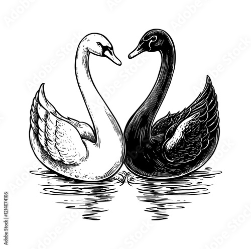 swan black white love engraving black and white outline