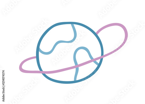Earth globe in doodle style. Simple abstract planet ball with orbit. World orb, sphere map, cute naive childlike drawing. Kids childish contoured flat vector illustration isolated on white background