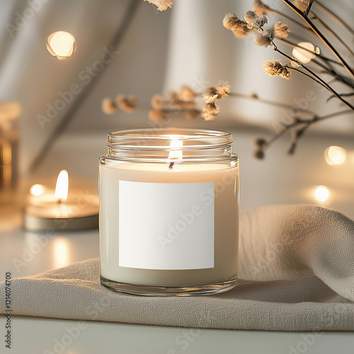 Clear glass jar candle mockup, scented candle jar with blank white label, styled interior candle design template
