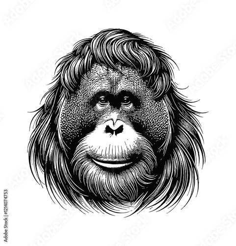 orangutan head engraving black and white outline