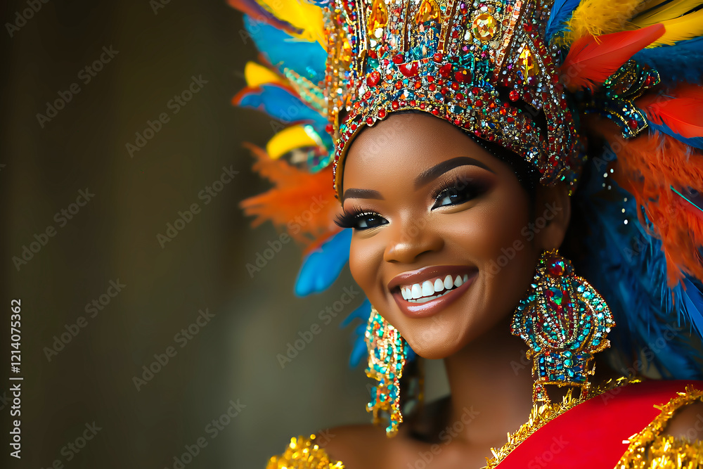 Fototapeta premium Woman in colorful costume smiles with feathered headpiece