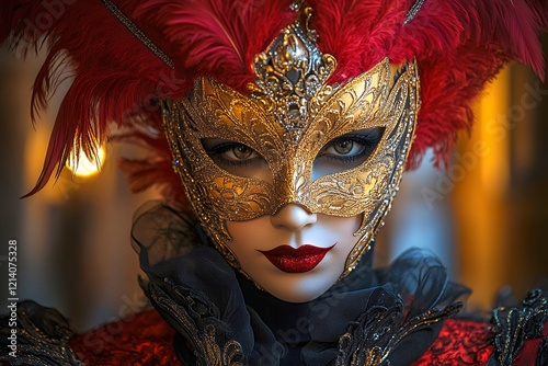 Woman in mask with feathers and red hat at Carnaval photo