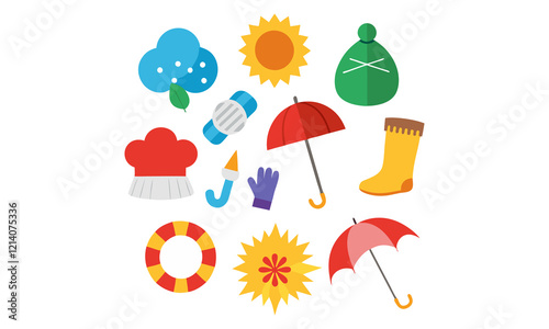 Weather and Seasonal Icons Set with Sun, Umbrella, and Accessories - Vector Illustration