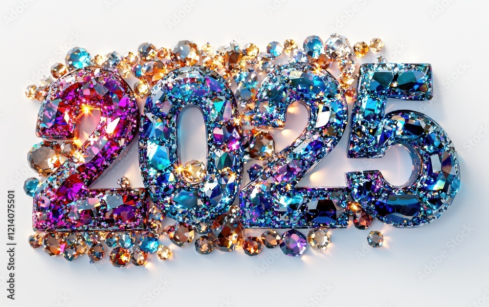 2025 shaped from sparkling gemstones and crystals, reflecting light beautifully on a white background