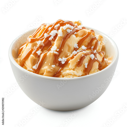 Creamy vanilla ice cream topped with caramel sauce and a sprinkle of sea salt. A delightful dessert treat! photo