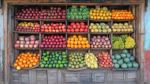 Wallpaper Mural Colorful Fruits Displayed On Wooden Shelves Torontodigital.ca