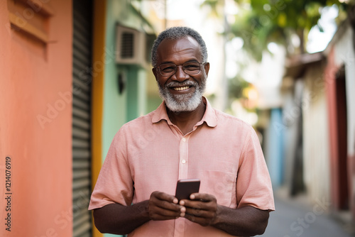 Joyful Black elderly man with gray beard using smartphone in a colorful street
 photo