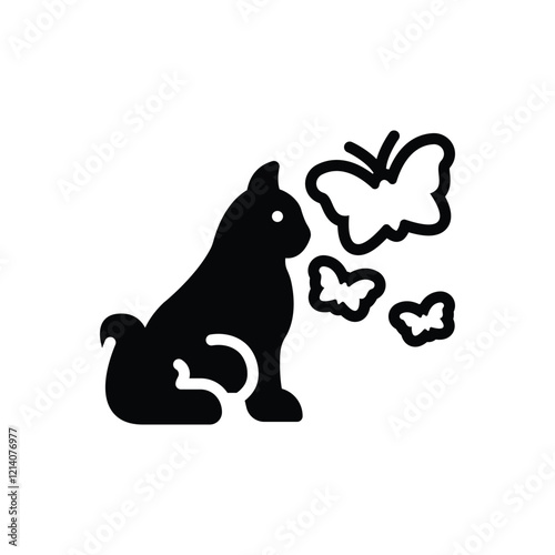 Black solid icon for cat and butterfly