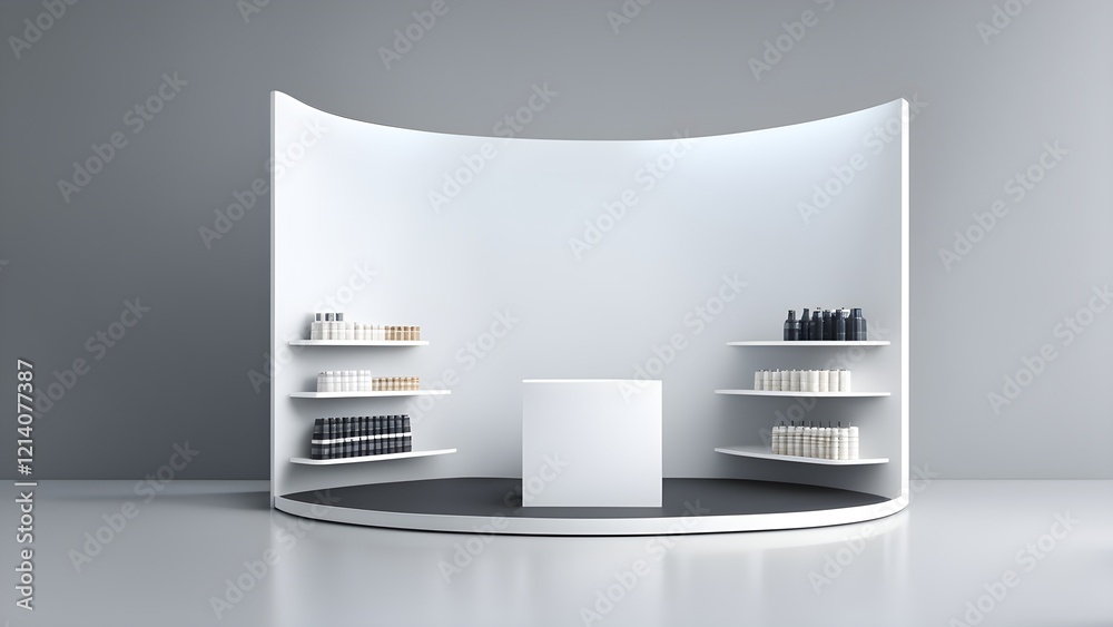 Modern minimalist curved white product display stand with shelves showcasing various bottles and containers against a gray background.