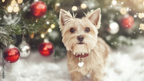 Adorable Dog Among Festive Holiday Decorations photo