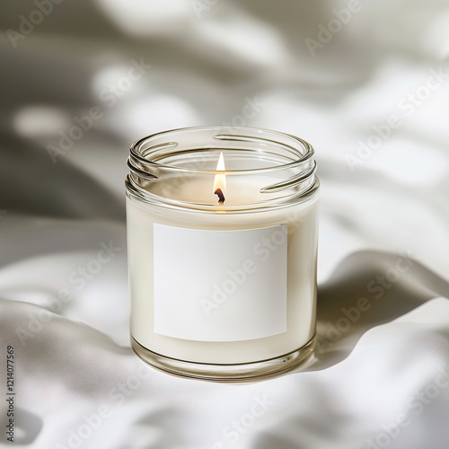 Clear glass jar candle mockup, scented candle jar with blank white label, styled interior candle design template