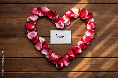 Heart Shape of Flowers with Love Note on Wooden Surface