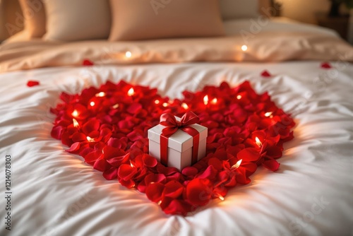 Romantic Setting with Heart-Shaped Petals and Gift Box on Bed