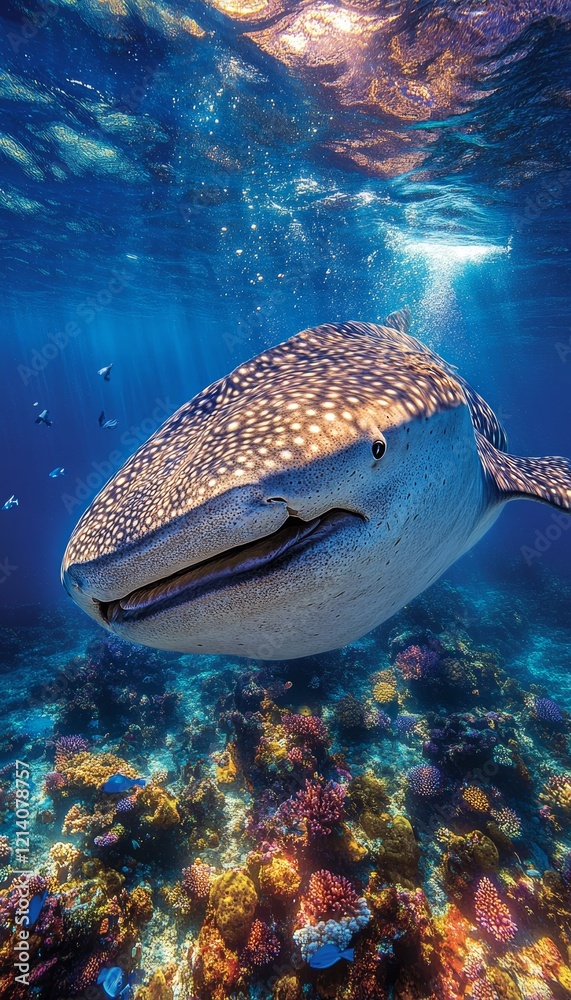Fototapeta premium Majestic Whale Shark Gracefully Swimming Over a Colorful Coral Reef in Crystal Clear Ocean Water