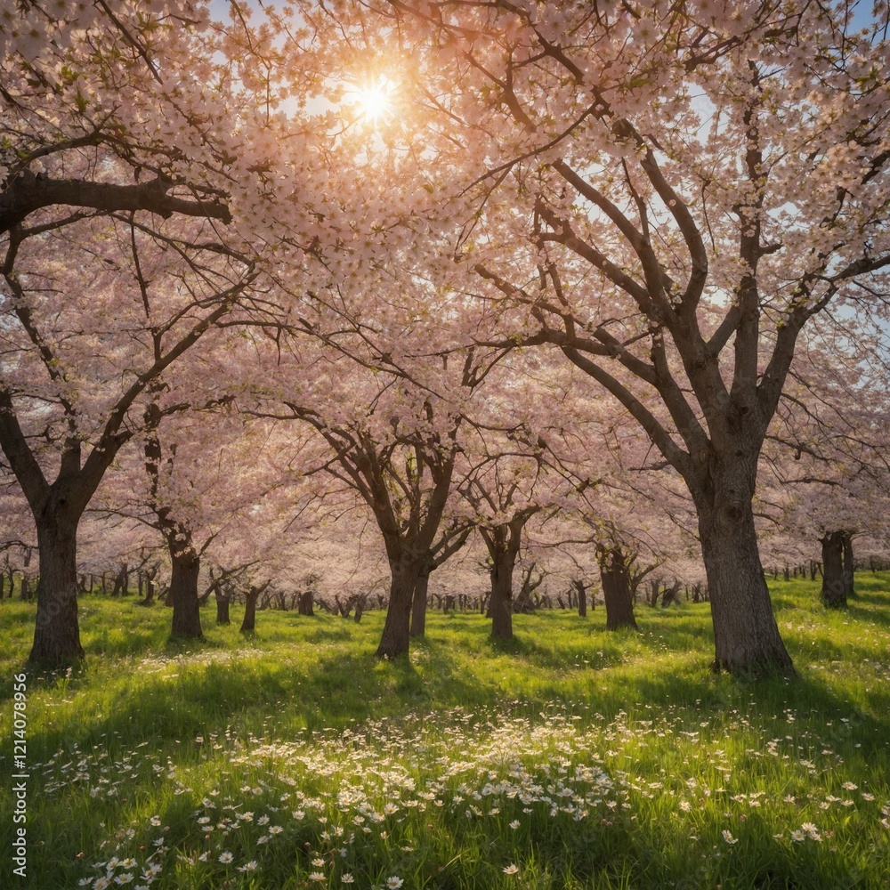 A serene spring field under a bright sunny day, with blooming trees and cherry blossoms gently swaying in the breeze. A serene spring field under a bright sunny day, with blooming trees and cherry blossoms gently swaying in the breeze.