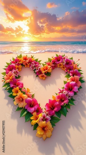 Heart-Shaped Flower Arrangement on Sandy Beach at Scenic Sunset