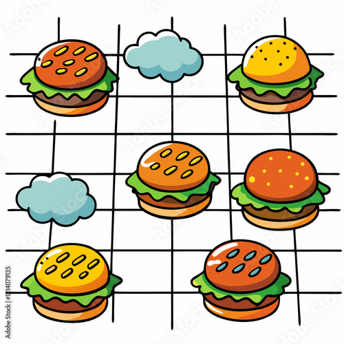  A grid layout illustration of various colorful burger set burger's is spicy with smoke, with white background