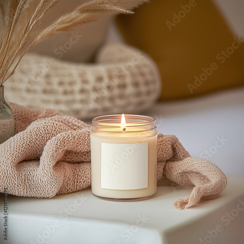 Clear glass jar candle mockup, scented candle jar with blank white label, styled interior candle design template