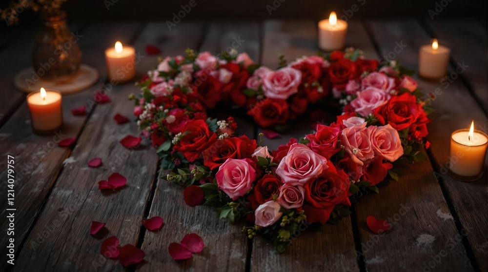 Obraz premium Heart-Shaped Rose Arrangement on Wooden Table with Candles and Petals