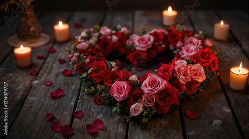 Heart-Shaped Rose Arrangement on Wooden Table with Candles and Petals