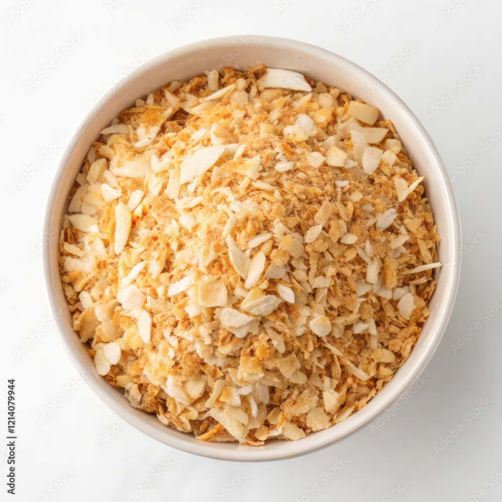 Top View of Toasted Coconut Flakes in a Bowl on a White Background Top View of Toasted Coconut Flakes in a Bowl on a White Background