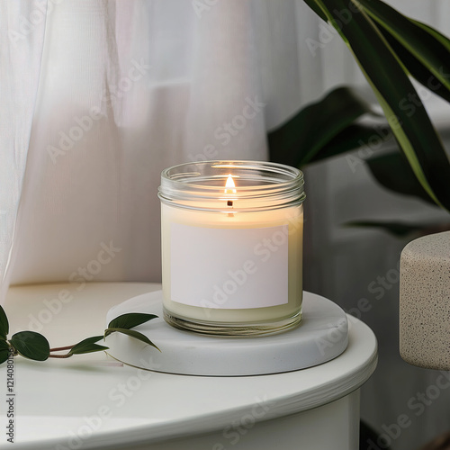 Clear glass jar candle mockup, scented candle jar with blank white label, styled interior candle design template