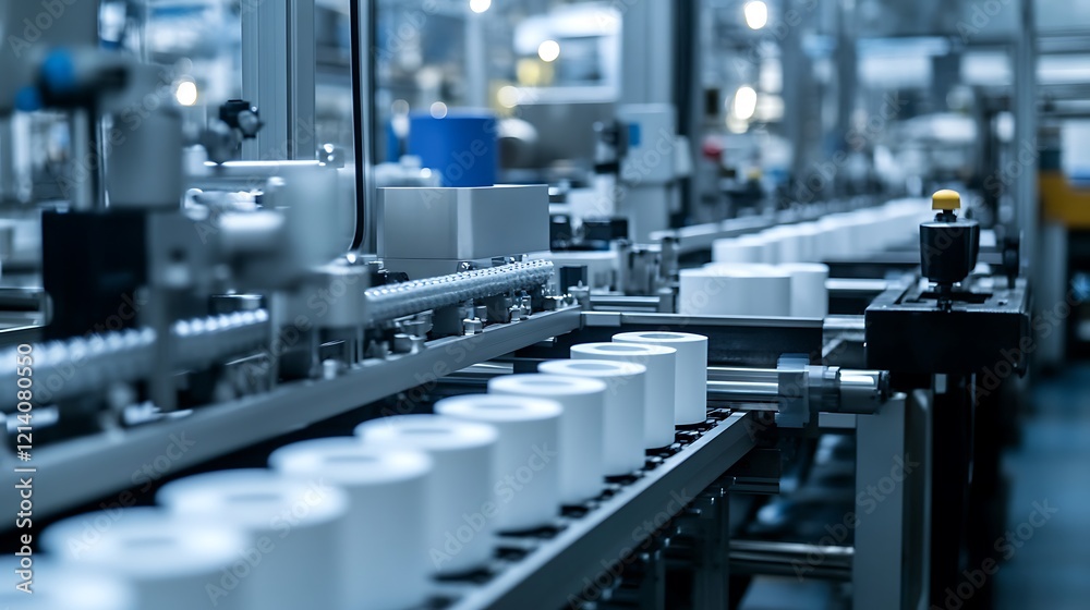 Factory production line featuring rolls of white paper Factory production line featuring rolls of white paper