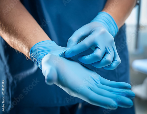hands wearing disposable blue nitrile gloves hospital surgeon clinic nurse healthcare doctor concept background. ai generative