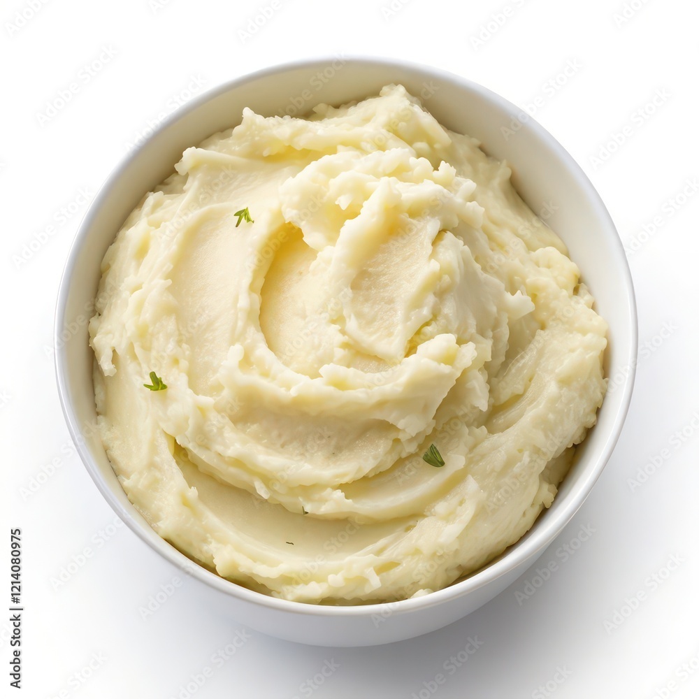 Top View of Creamy Mashed Potatoes in a Bowl on a White Background Top View of Creamy Mashed Potatoes in a Bowl on a White Background
