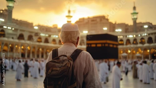 A Serene Scene of Devotion in Mecca with the Holy Kaaba Against a Sunset Backdrop