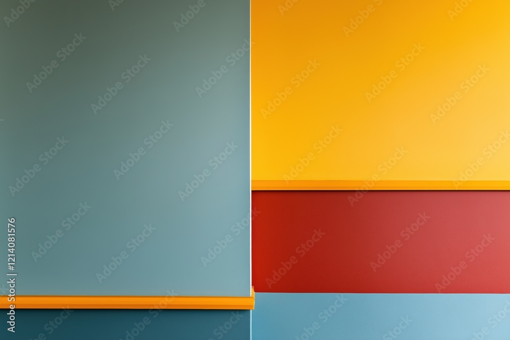 Obraz premium A modern interior featuring a geometric arrangement of colorful walls in teal, yellow, and red, with contrasting horizontal stripes.