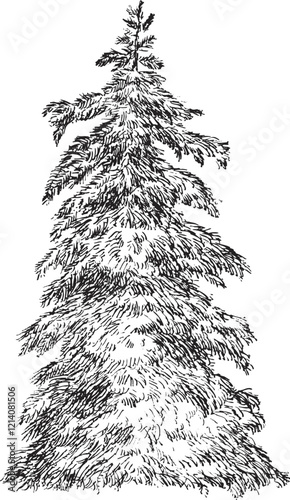 Hand draw sketch spruce tree in monochrome color. Vector illustration garden plant isolated on white background.